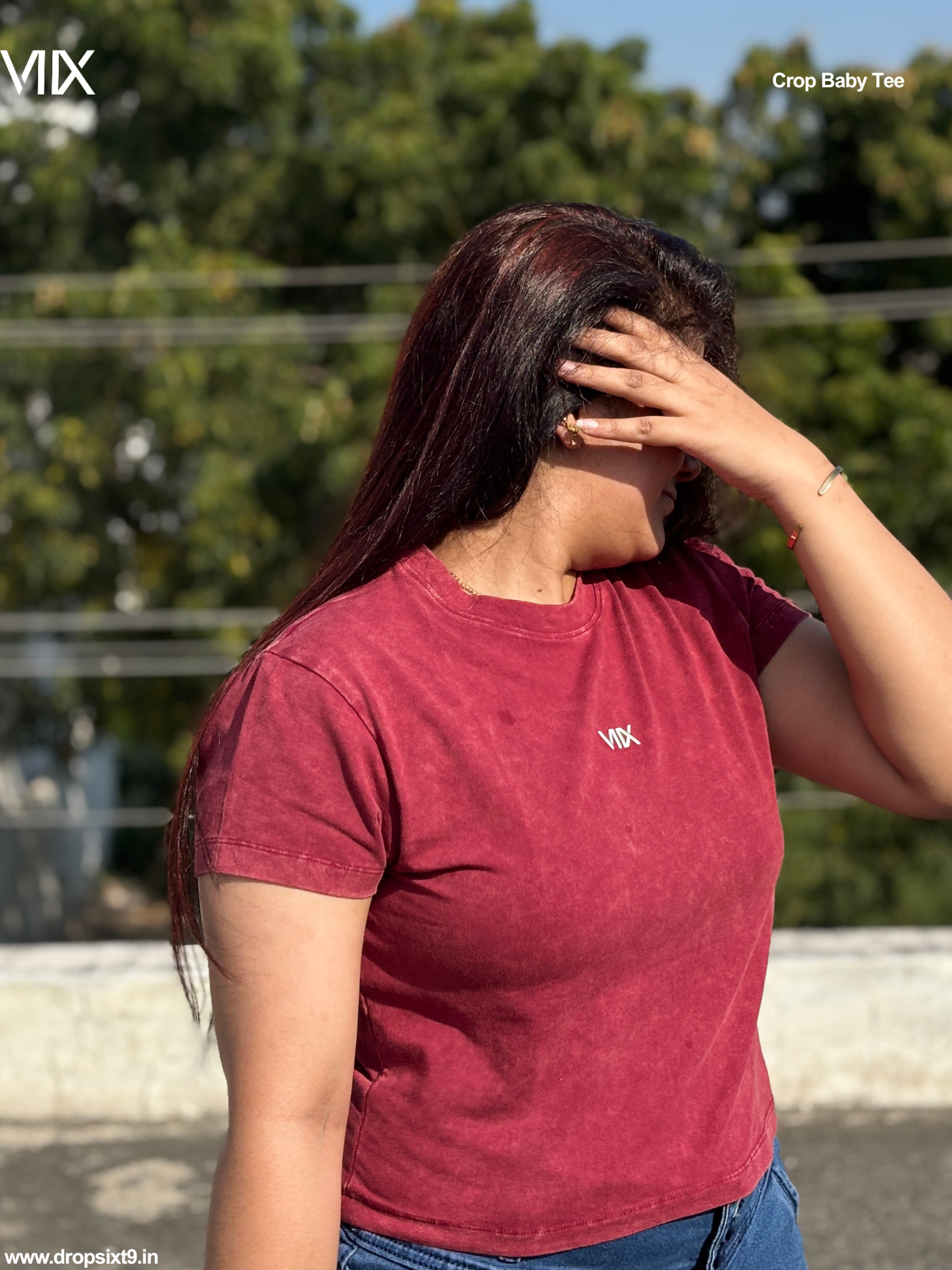 Dropsixt9 Wine Acid washed Cropped Baby Tee For Women