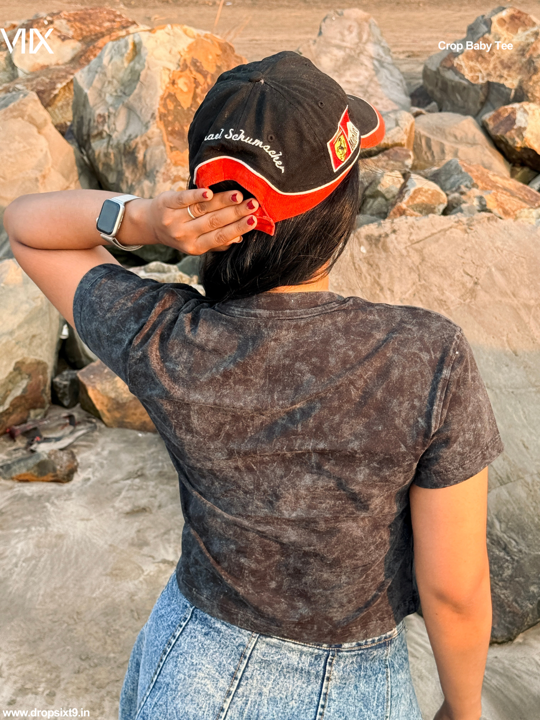 Dropsixt9 Charcoal Acid washed Cropped Baby Tee For Women