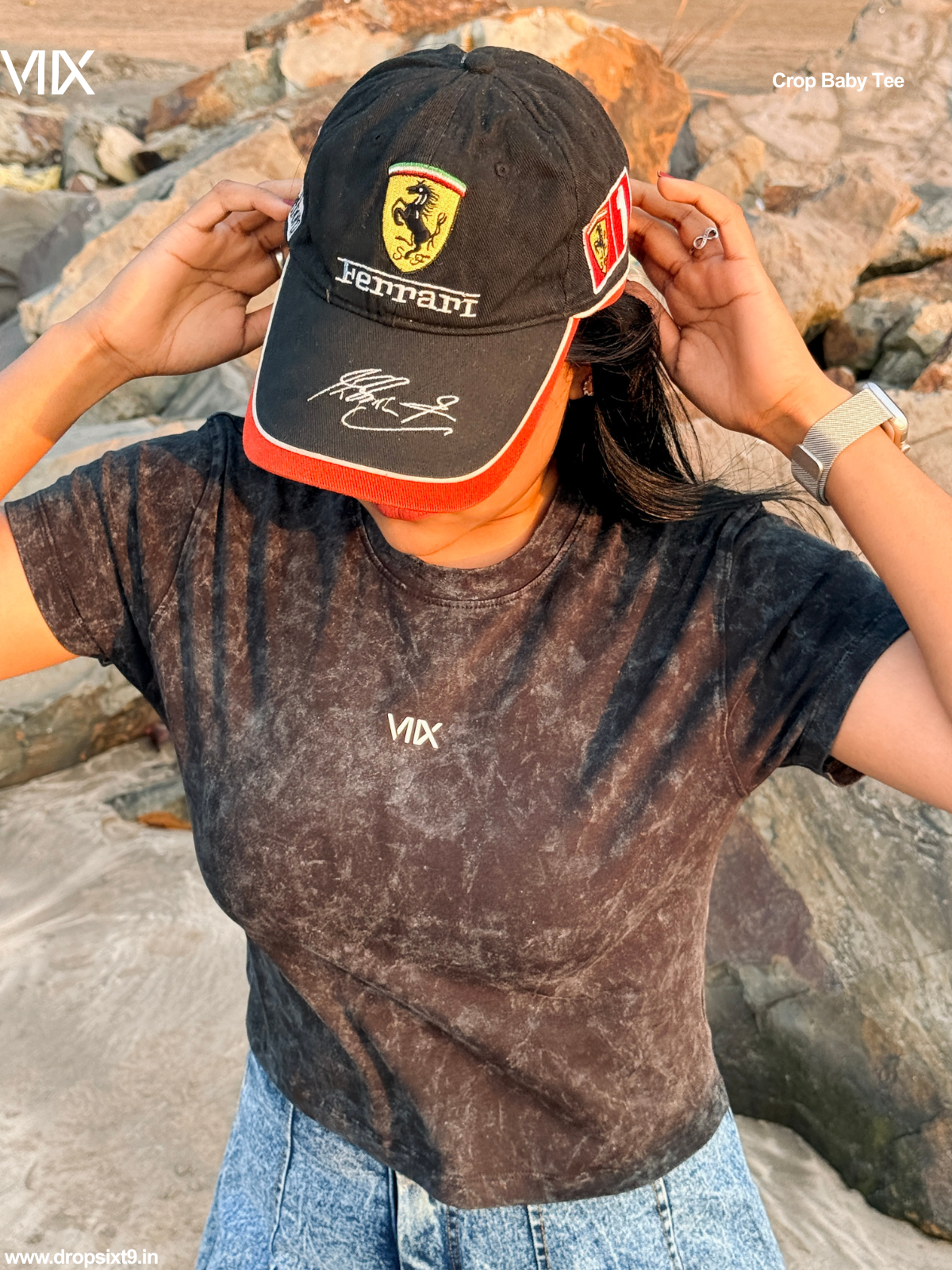 Dropsixt9 Charcoal Acid washed Cropped Baby Tee For Women