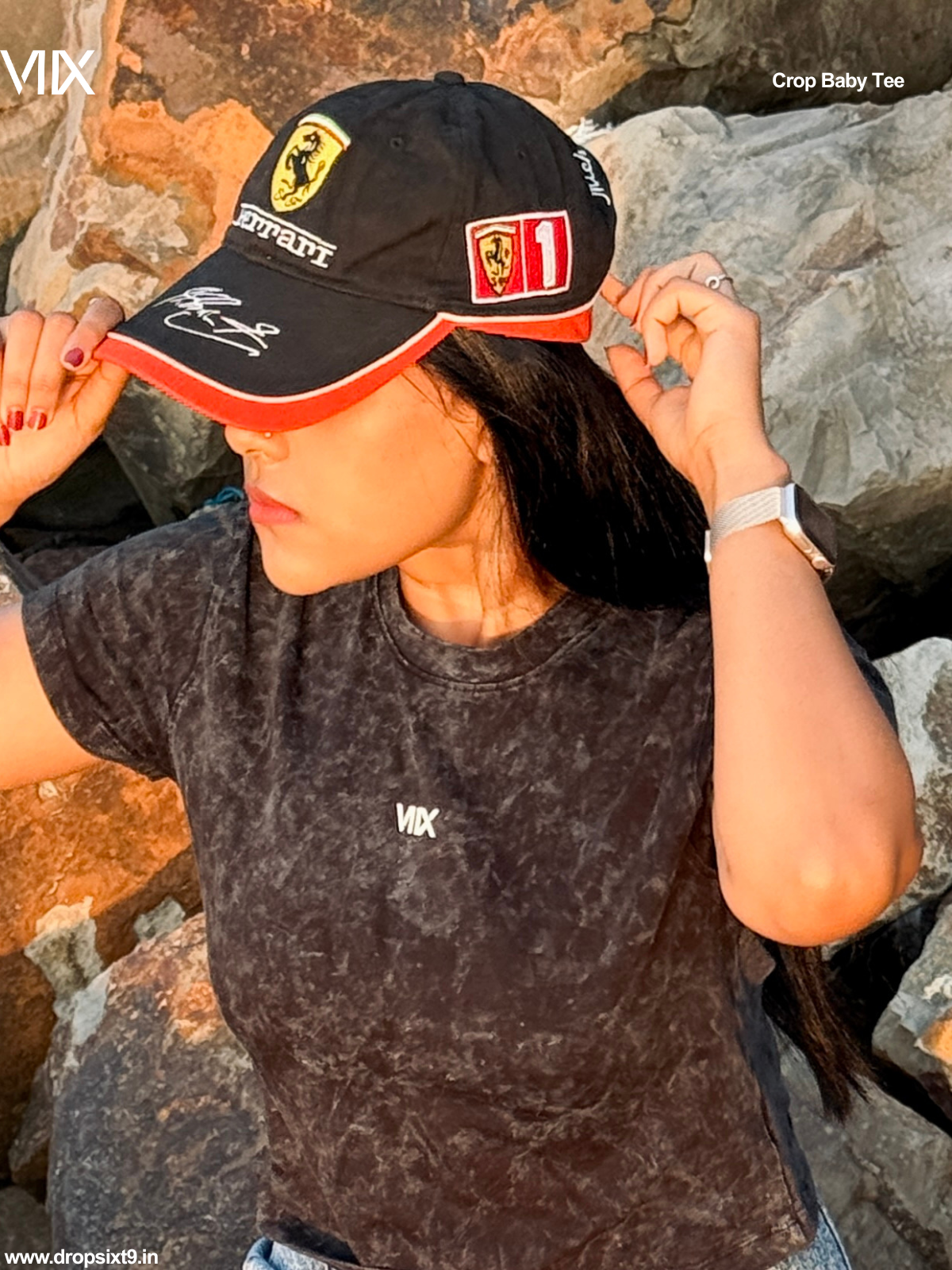 Dropsixt9 Charcoal Acid washed Cropped Baby Tee For Women